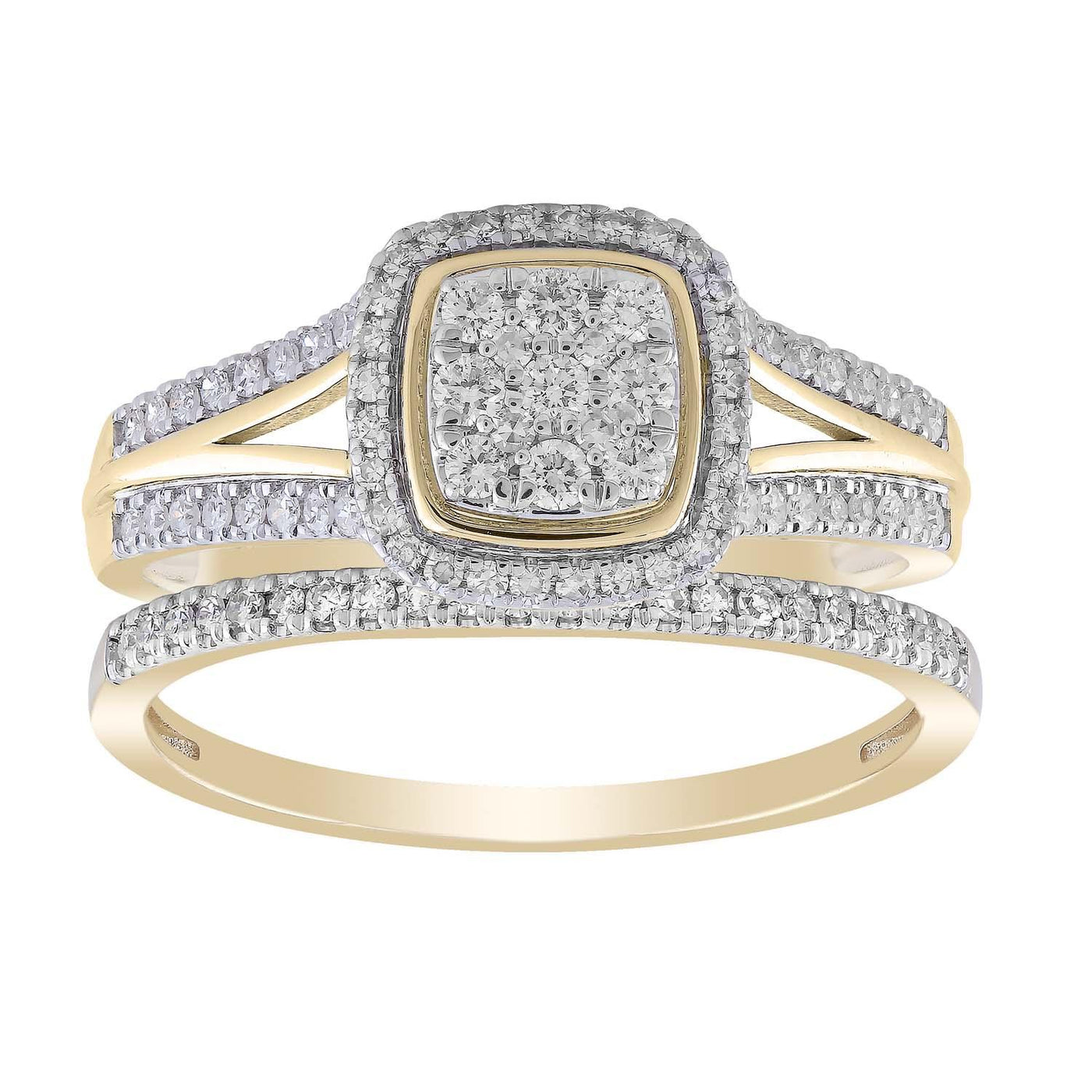 Say 'I do' with this beautiful diamond engagement & wedding ring set featuring 95 diamonds, a total diamond weight of 0.5 carats set in 9K yellow gold.