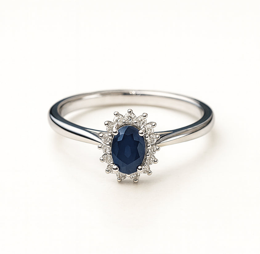 9K White Gold Sapphire & Diamond Halo Ring
