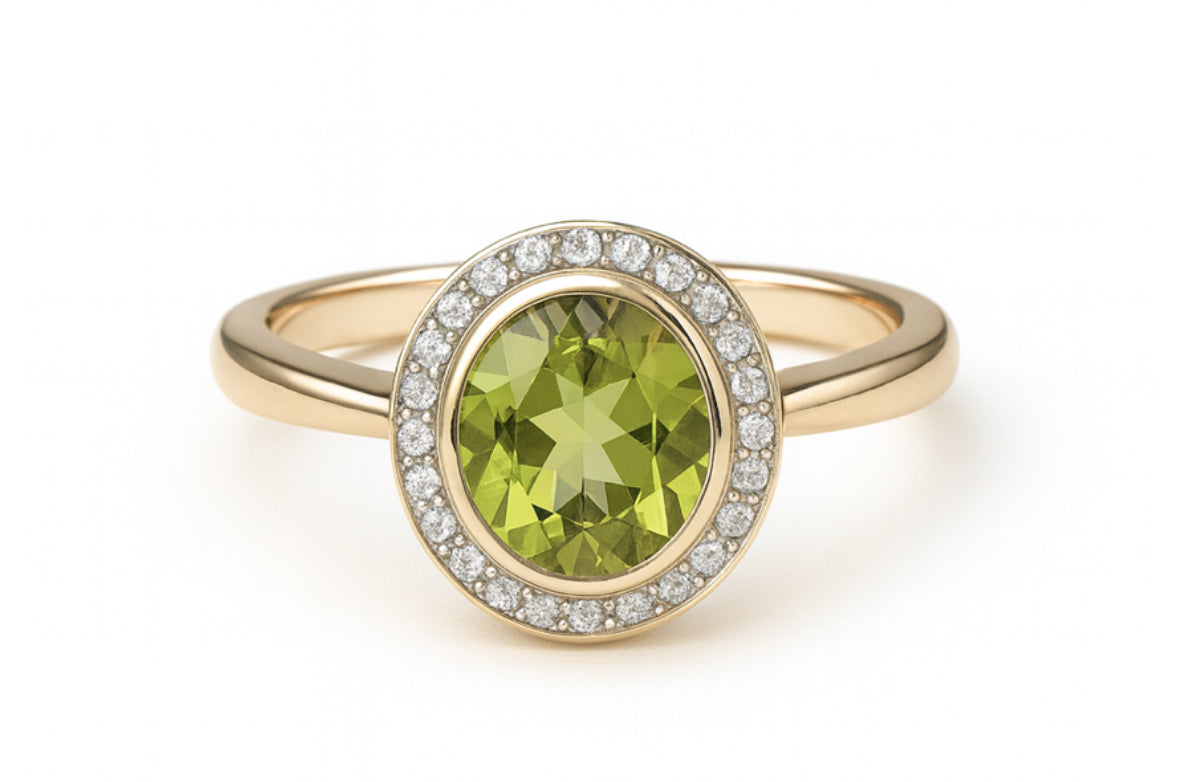 9K Yellow Gold Peridot And Diamond Ring