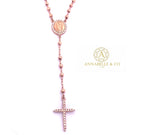 Ladies Rose Gold Rosary Necklace with CZ on Mary and Cross