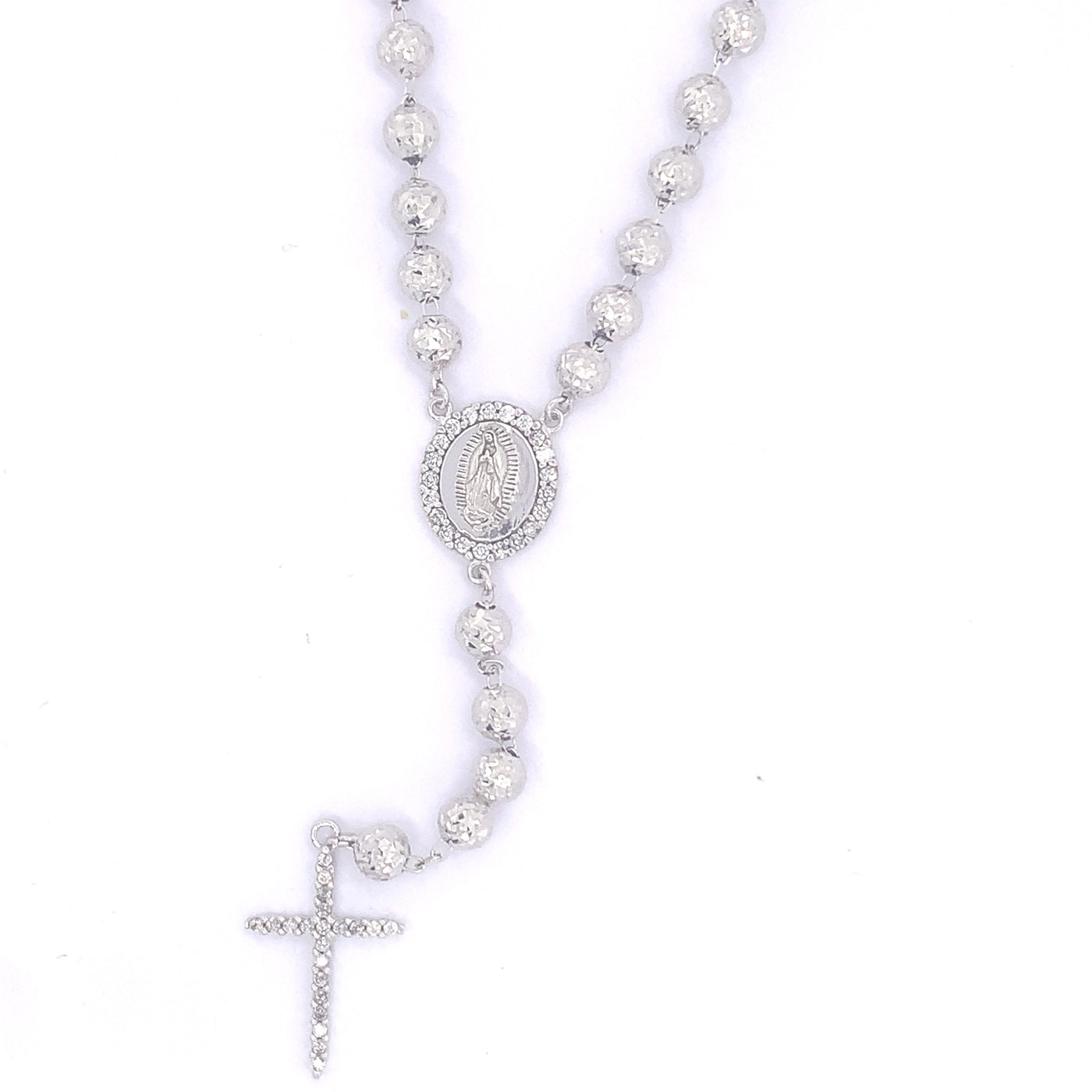 9K White Gold Diamond Cut Rosary CZ CROSS