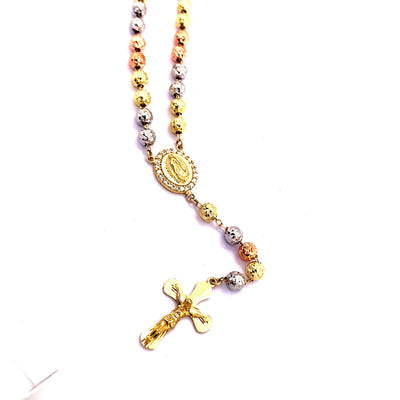 9K Three Tone large bead Diamond Cut Rosary CZ MARY