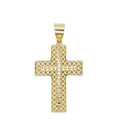 9K Yg Checkered Cross With Raised Faceted Cross. 24X17mm