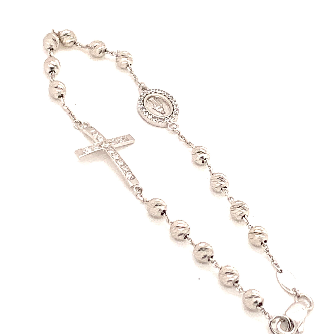 9K white gold rosary bracelet With diamond cut beads and cz set cross and mary