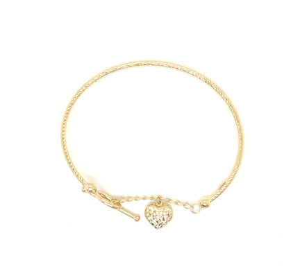9K Yg Twist Bangle 1.85Mm With Heart Charm 10Mm And Fob Link. 60X52mm