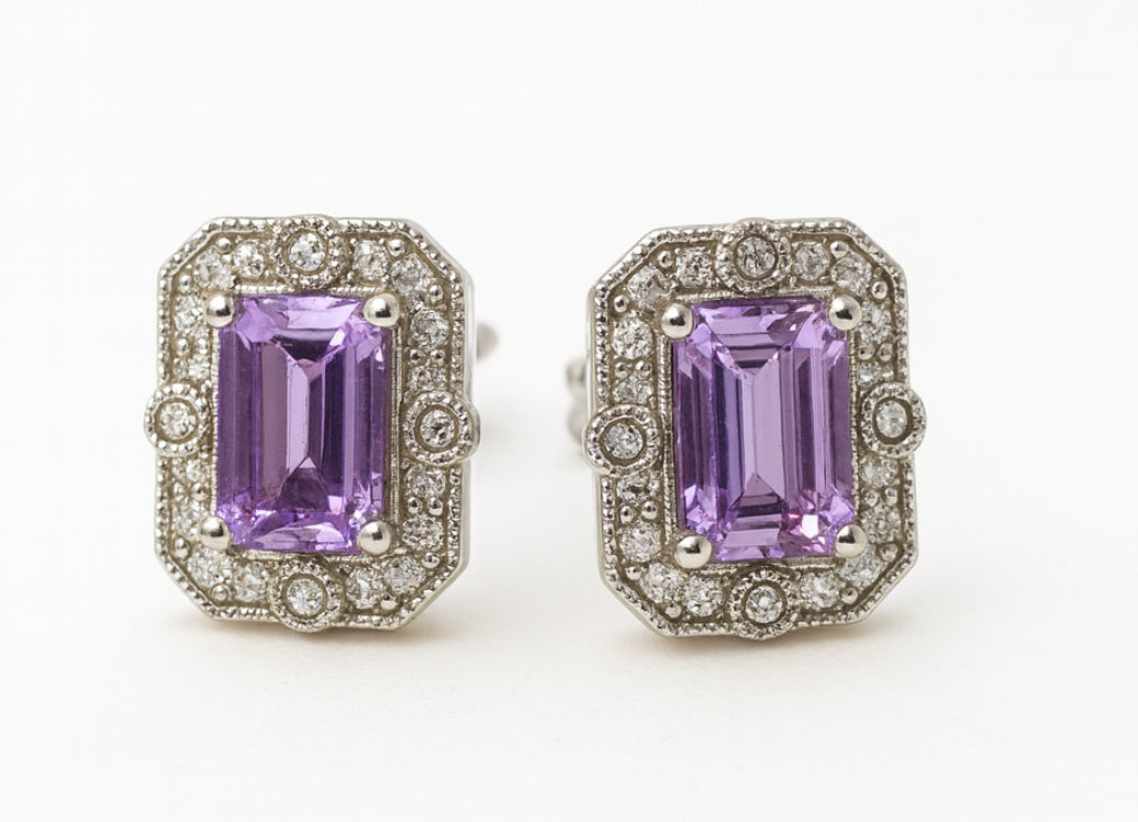 9K White Gold Amethyst & Diamond Stud Earrings
