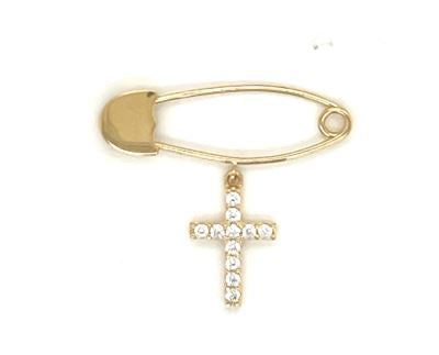 9k YG Solid Pin with CZ Cross Charm 23mm