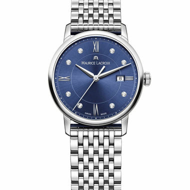 Maurice Lacroix ELIROS Blue, 8 diams, rhodied indexes 9 rows Metal band Stainless steel case 30mm