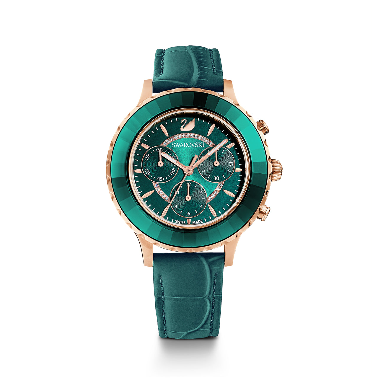 Octea Lux Chrono watch, Swiss Made, Leather strap, Green, Rose gold-tone finish