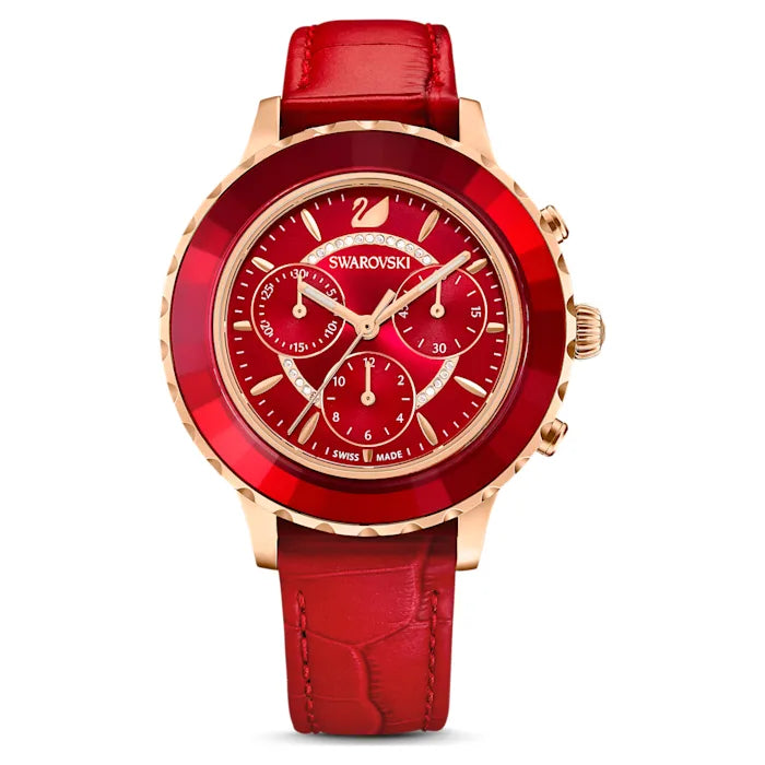 Octea Lux Chrono watch, Swiss Made, Leather strap, Red, Rose gold-tone finish