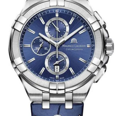 Maurice Lacroix AIKON Blue, rhodied M logo Blue, ecru stitching, rh. M logo Stainless steel case 44mm