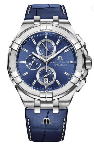 Maurice Lacroix AIKON Blue, rhodied M logo Blue, ecru stitching, rh. M logo Stainless steel case 44mm