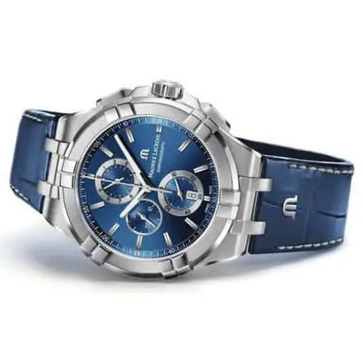 Maurice Lacroix AIKON Blue, rhodied M logo Blue, ecru stitching, rh. M logo Stainless steel case 44mm