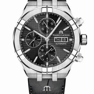 Maurice Lacroix AIKON Black with H & V lines, rhodied indexes Black, T/T stitching, rh. M logo Stainless steel case 44mm