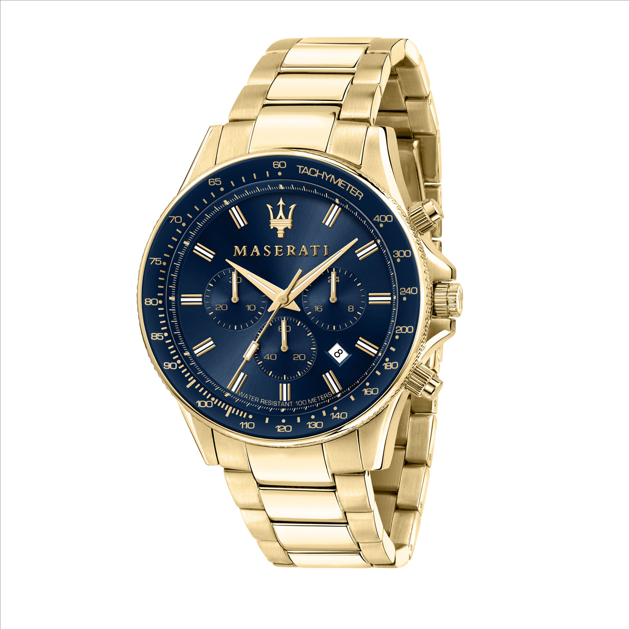 Maserati gents gold watch blue sunray dial chrono