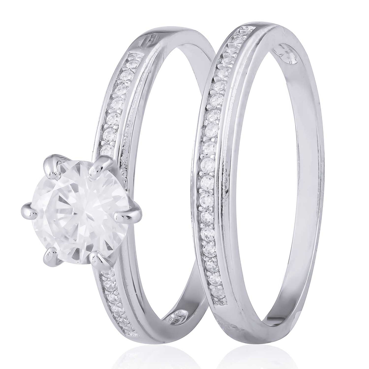 Rhodium Plated Sterling Silver CZ Engagement Ring Set