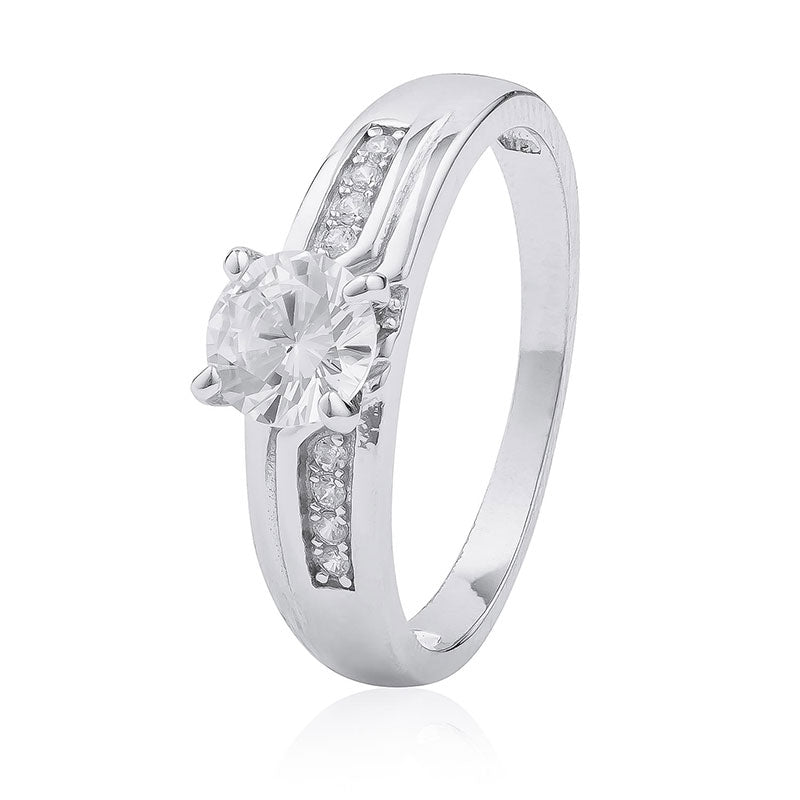 RHODIUM PLATED SILVER ROUND 4 CLAW CZ RING