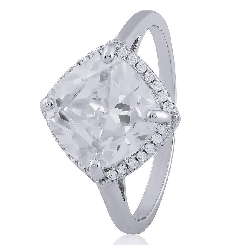 Square 4 Claw Halo Rhodium Plated Sterling Silver CZ Ring