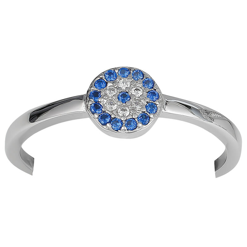 Rhodium Plated Sterling Silver Round Blue Evil Eye CZ Ring - 8