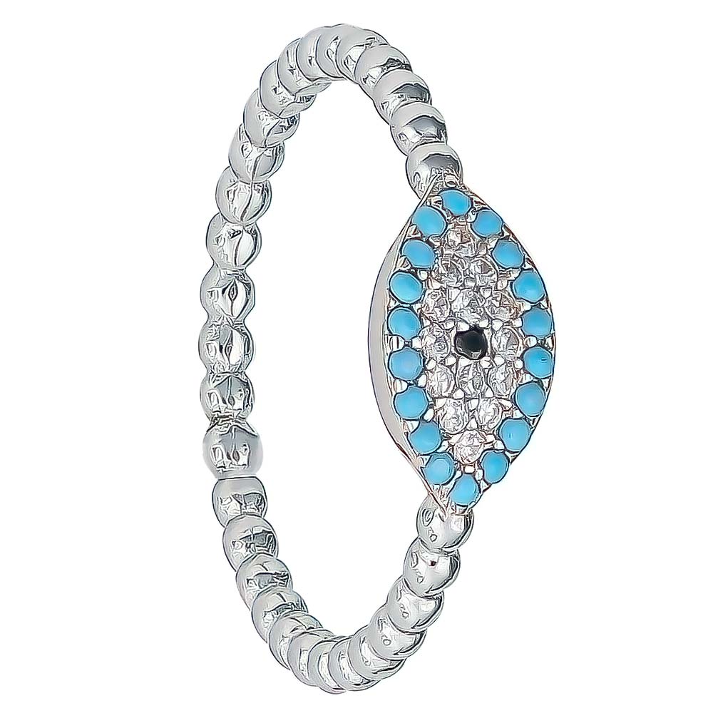 Rhodium Plated Sterling Silver Turquoise Blue Evil Eye CZ Ring with Beaded Band Ring - 7