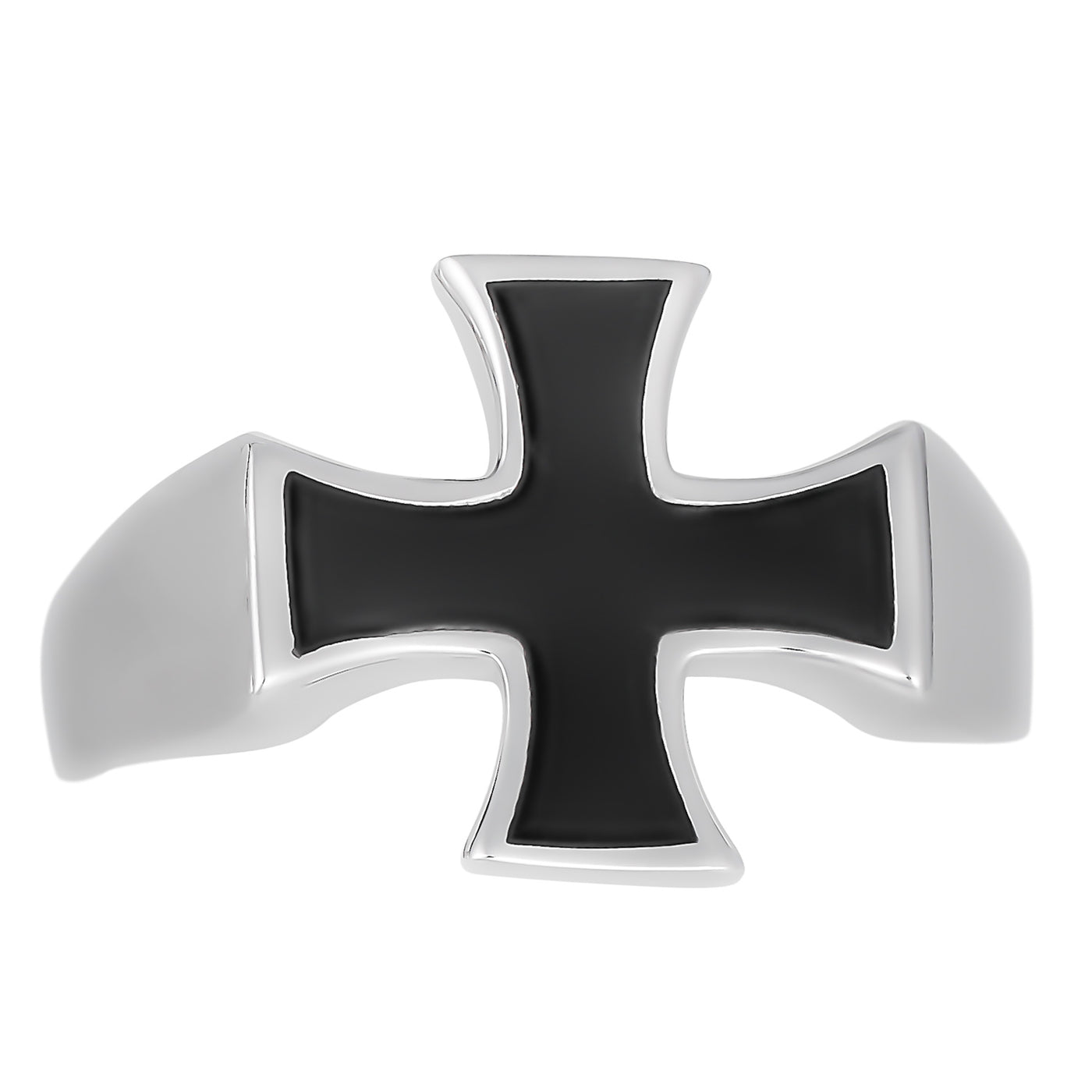 Rhodium Plated Sterling Silver Men's Cross Ring With Black Enamel