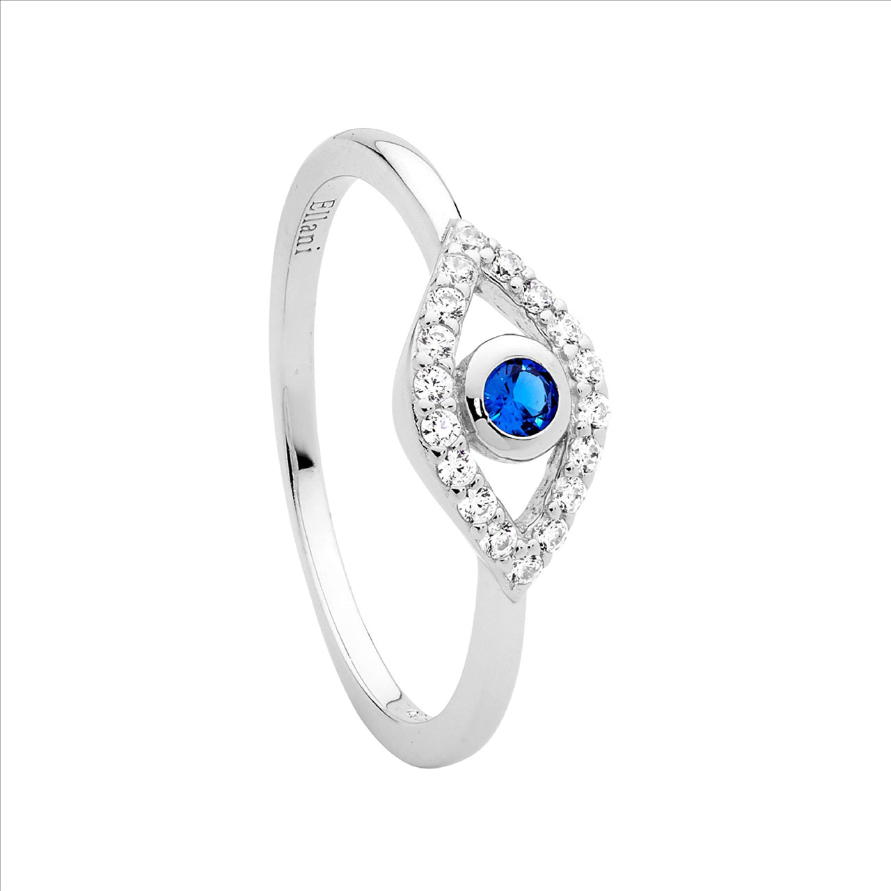 Ellani white & blue cz bezel set evil eye ring - R509S