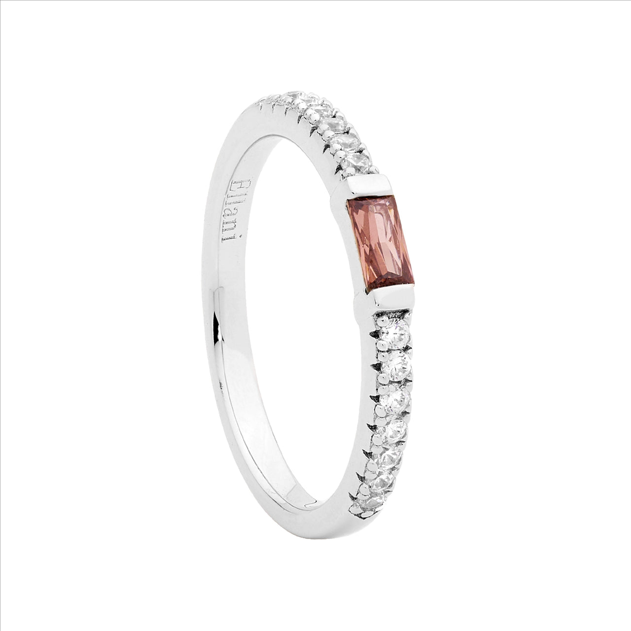 SS wh cz band w/ rhodolite baguette cz ring -