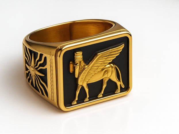 ssyrian-Inspired Sterling Silver Gold-Plated Ring