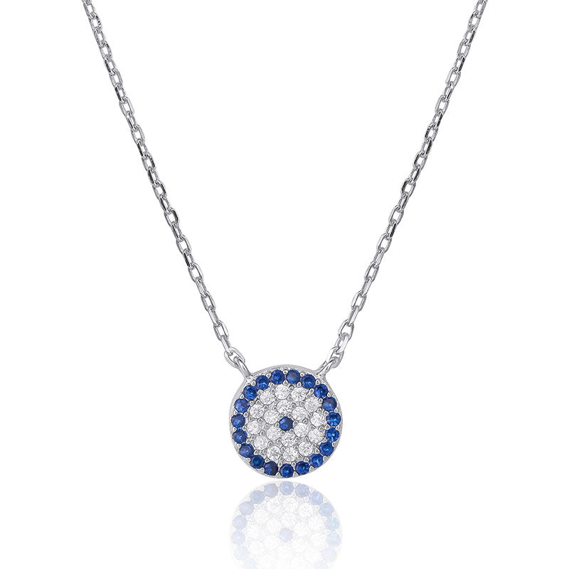 Blue Rhodium Plated Sterling Silver CZ Evil Eye Necklace - 42+3cm