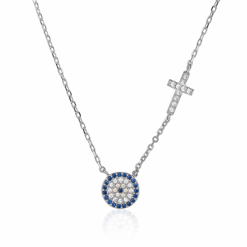 Rhodium Plated Sterling Silver 10 mm Yellow Blue Evil Eye And Cross CZ Necklace – 42+3cm