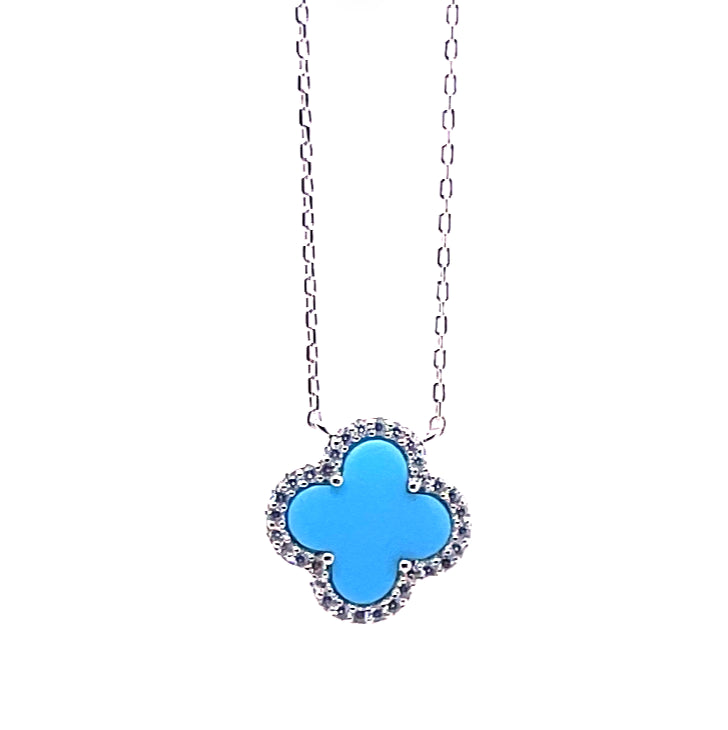 Sterling silver Rhodium plated blue turqoise clover neckalce