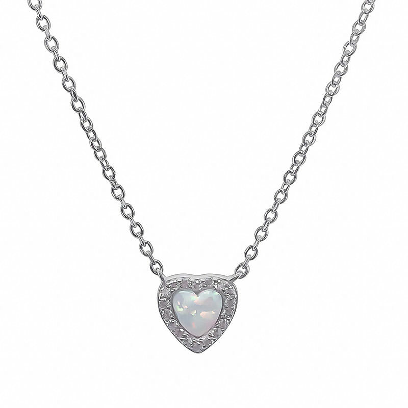 Rhodium Plated Sterling Silver White Heart Created Opal And CZ Necklace – 10X10mm