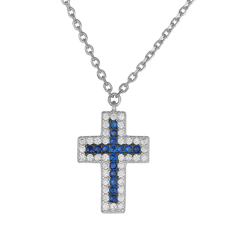 Rhodium Plated Sterling Silver Blue Cross CZ Necklace