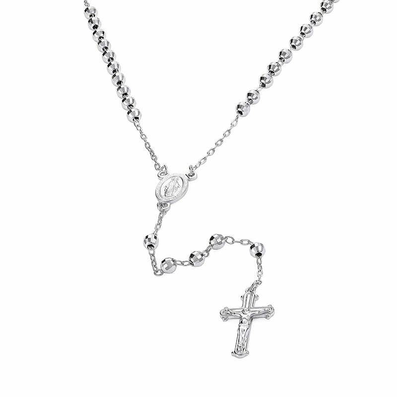 3mm Moon Cut Rhodium Plated Sterling Silver Rosary Necklace With Crucifix Cross