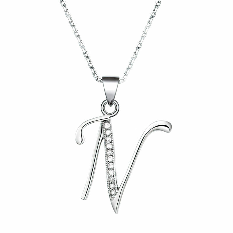 Rhodium Plated Sterling Silver Italic Initial N Pendant