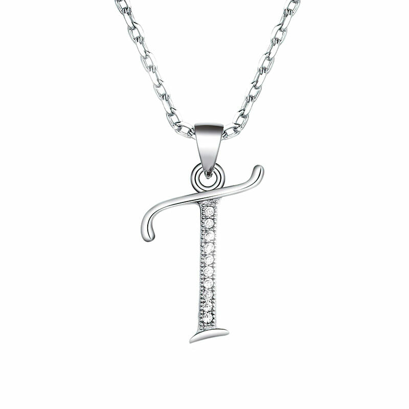 Rhodium Plated Sterling Silver Italic Initial T Pendant