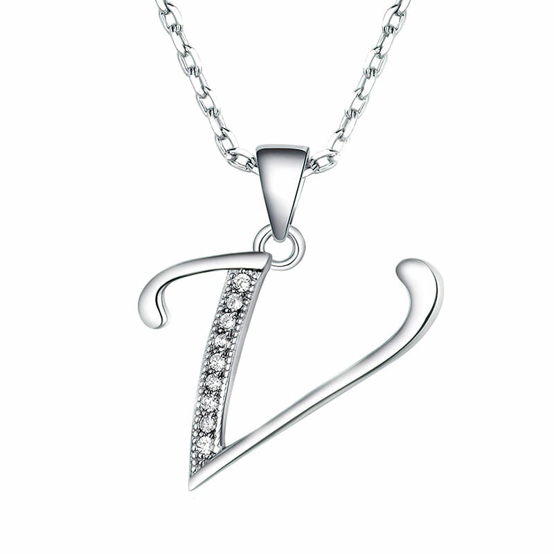 Rhodium Plated Sterling Silver Italic Initial V Pendant