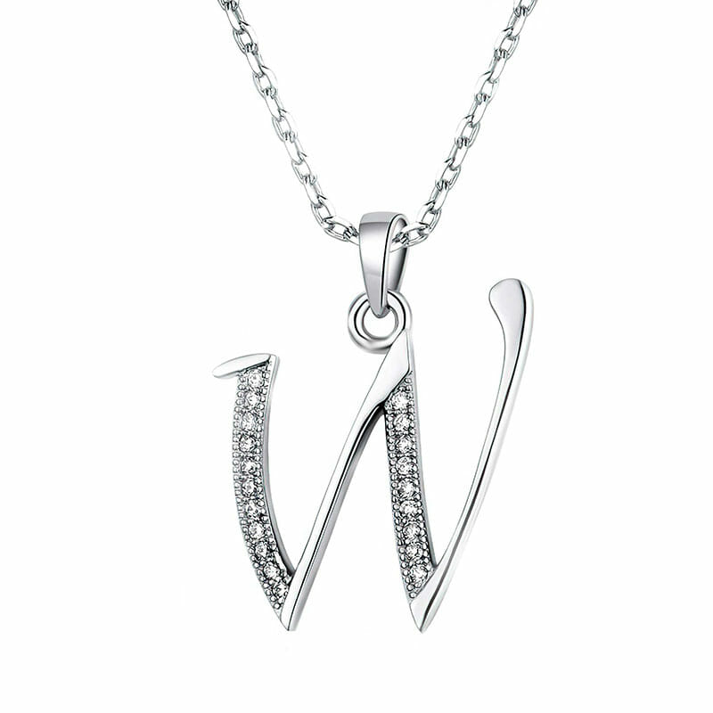 Rhodium Plated Sterling Silver Italic Initial W Pendant