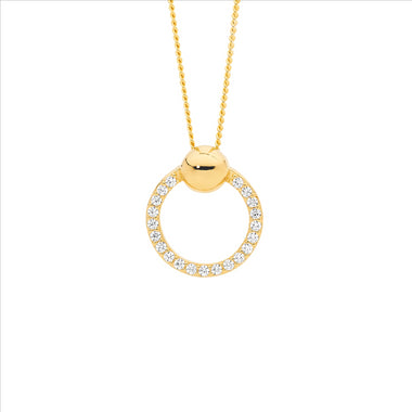 SS WH CZ 13mm open circle pendant, ball feature w/ gold plating - RRP $89