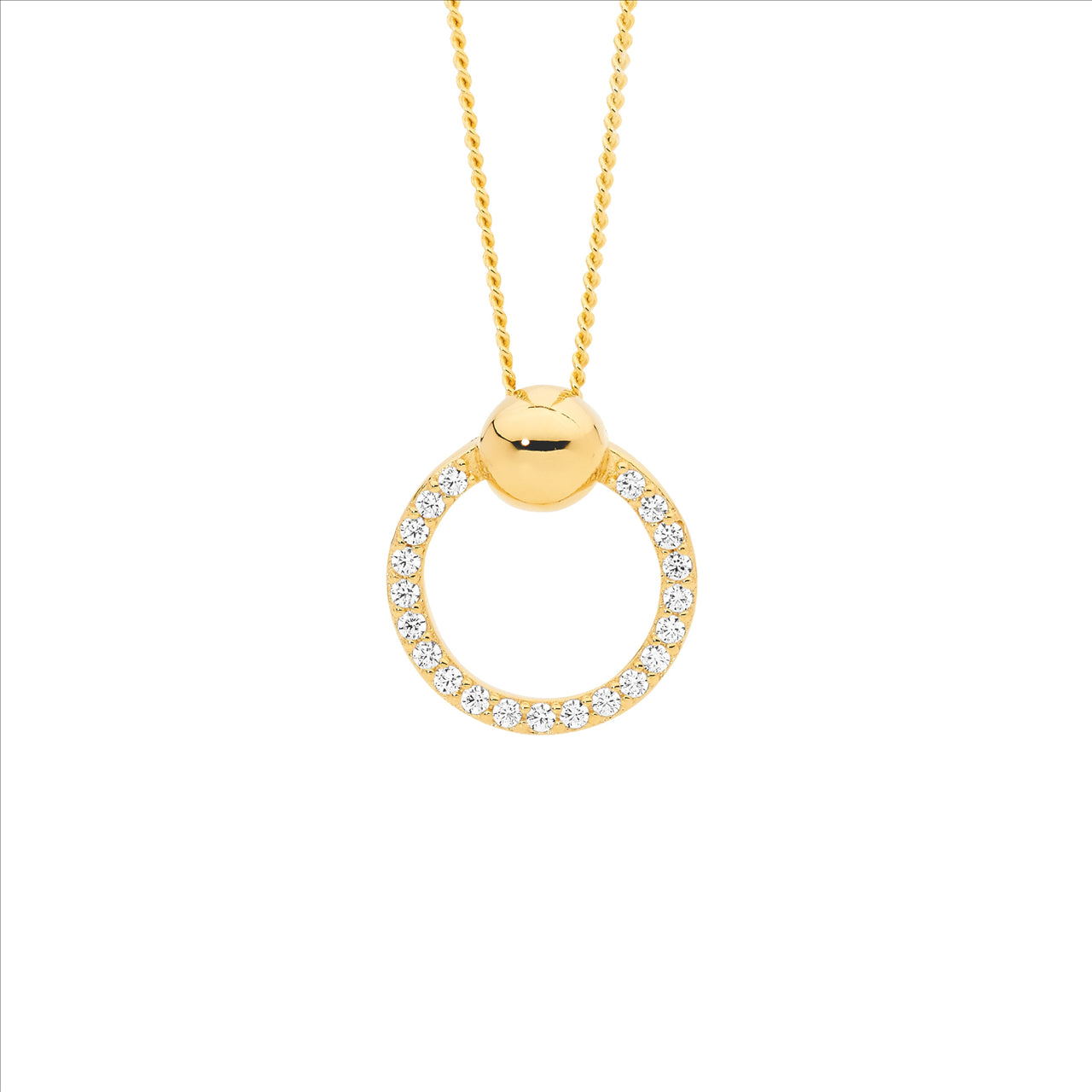 SS WH CZ 13mm open circle pendant, ball feature w/ gold plating - RRP $89