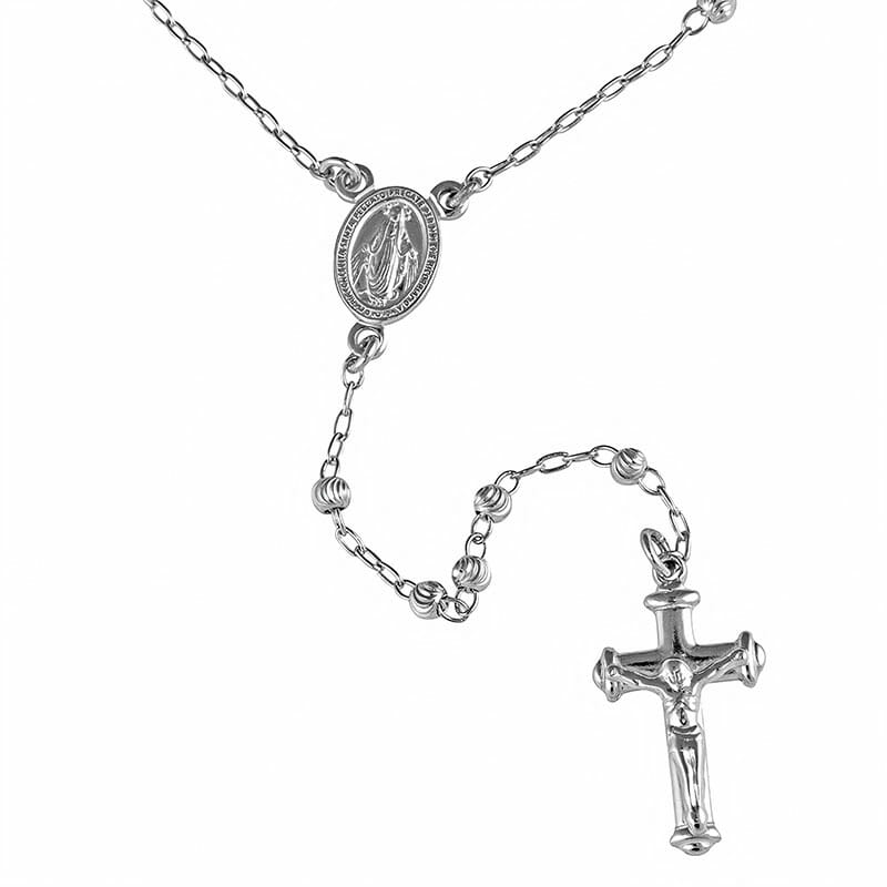 3mm Moon Cut Rhodium Plated Sterling Silver Rosary Necklace With Crucifix Cross 45cm