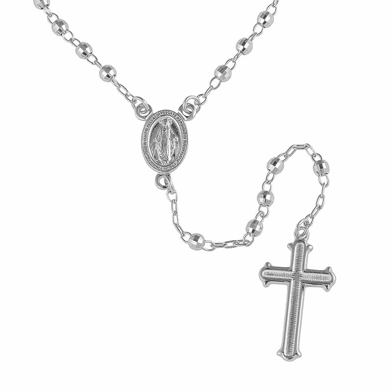 3mm Diamond Cut Rhodium Plated Sterling Silver Rosary Necklace With Cross 50cm