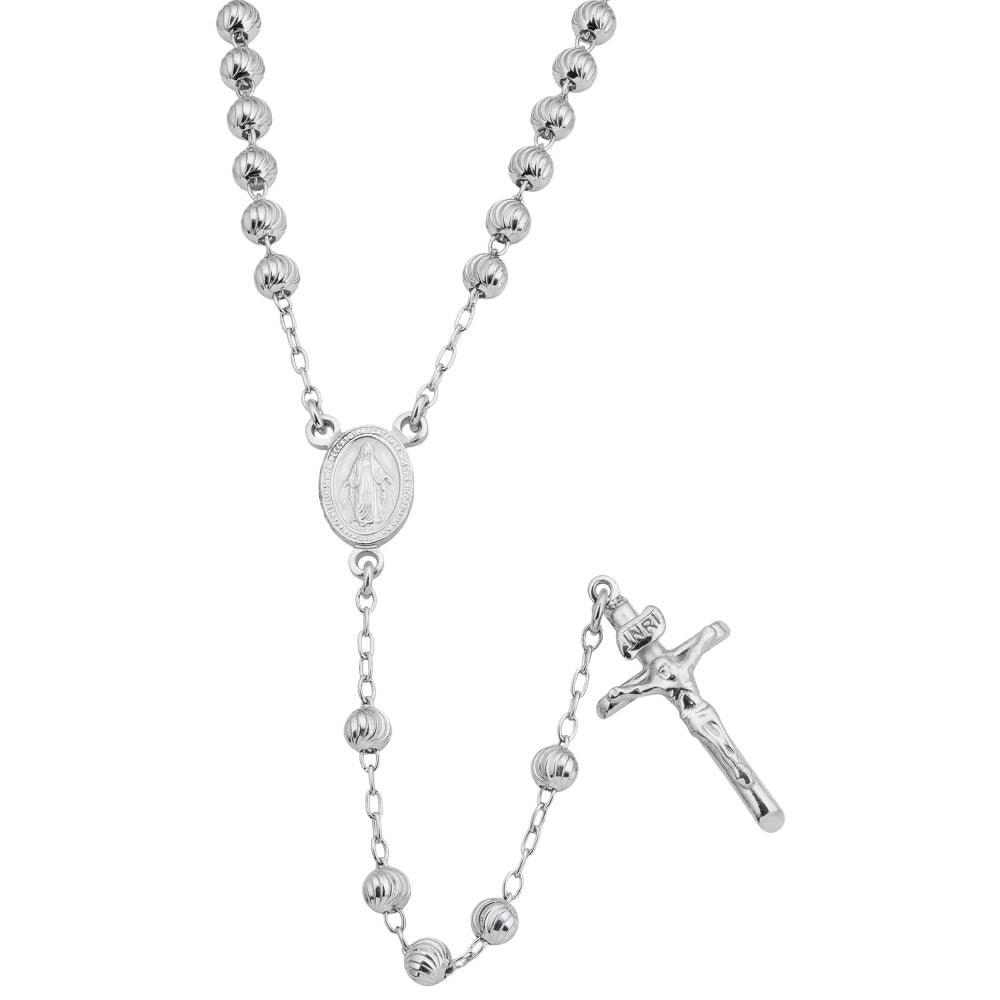 4mm Moon Cut Rhodium Plated Sterling Silver Rosary Bead Necklace 50cm