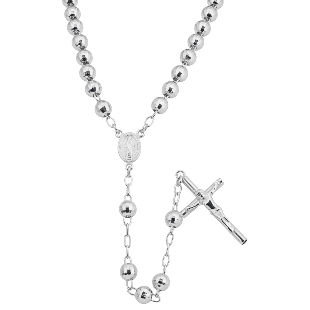 6mm Diamond Cut Rhodium Plated Sterling Silver Rosary Bead Necklace 60cm