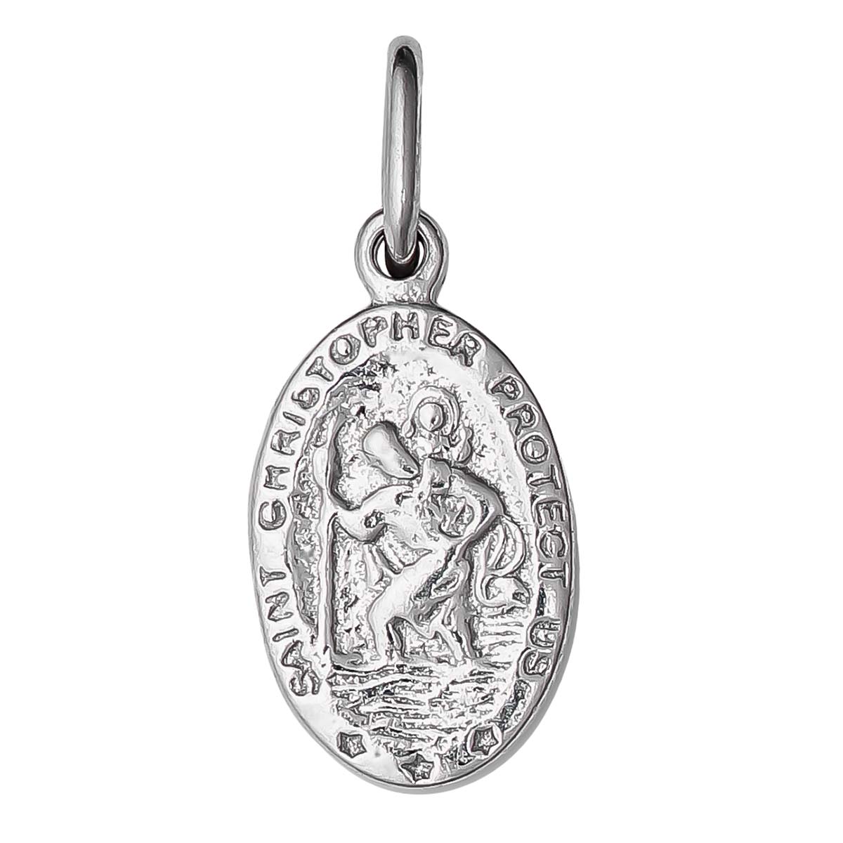 Rhodium Plated Sterling Silver St Christopher Oval Medallion Pendant – 8.5×12.5mm