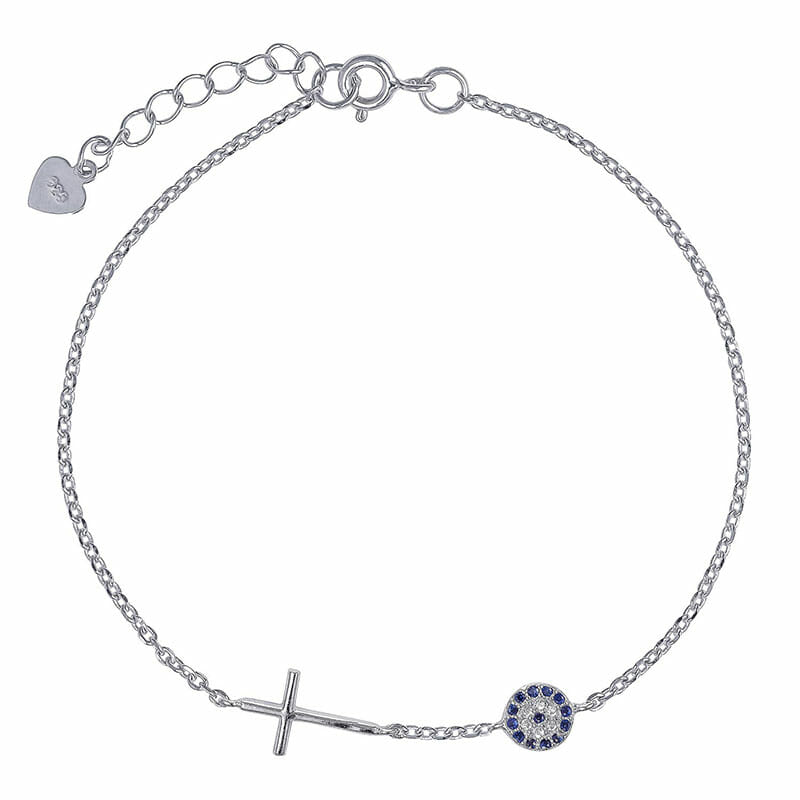 Round Blue Rhodium Plated Sterling Silver Evil Eye and Cross CZ Bracelet