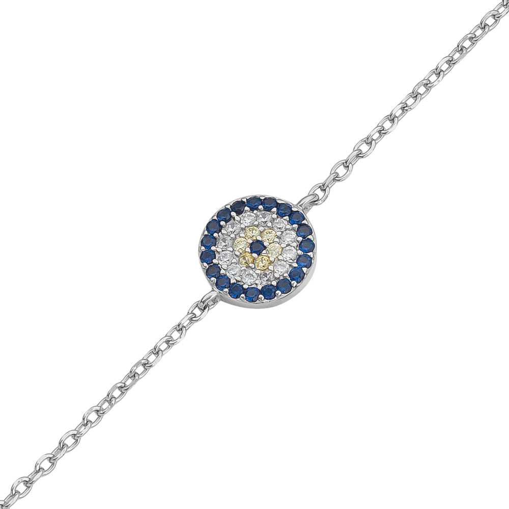 Rhodium Plated Sterling Silver Blue And Yellow 10mm Evil Eye CZ Bracelet