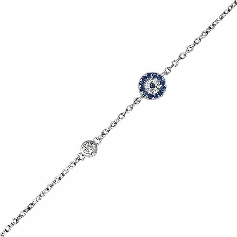 Rhodium Plated Sterling Silver Round Evil Eye CZ Bracelet 6.5mm