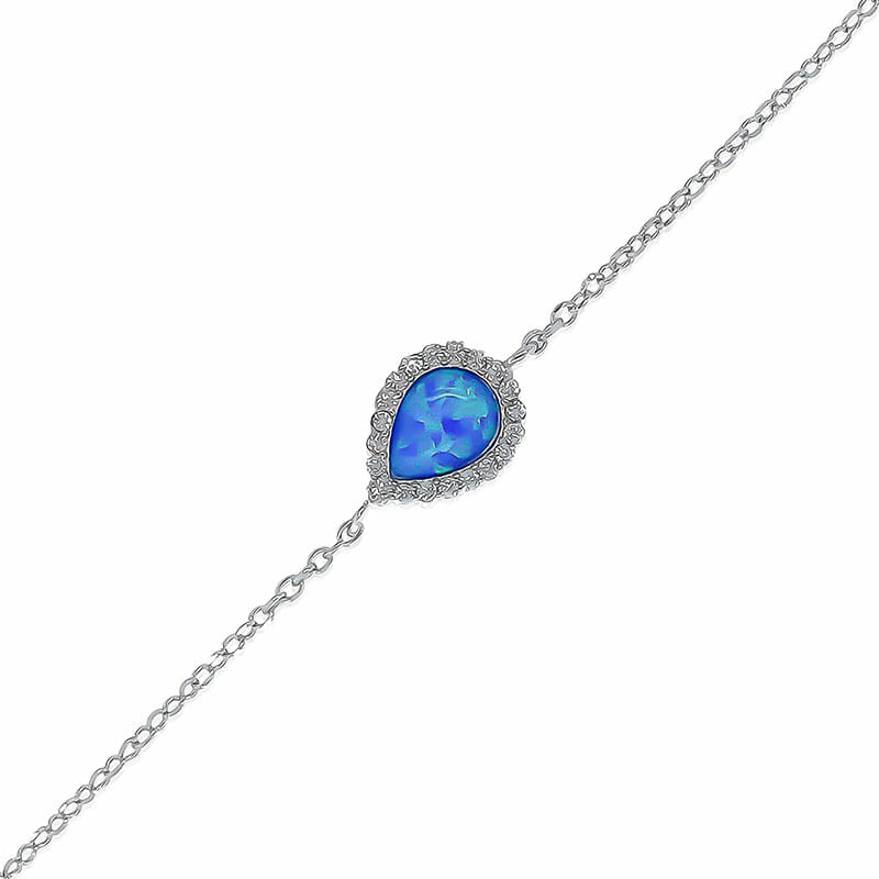 Sterling Silver Rhodium Plated Cz Bracelet Created Blue Opal