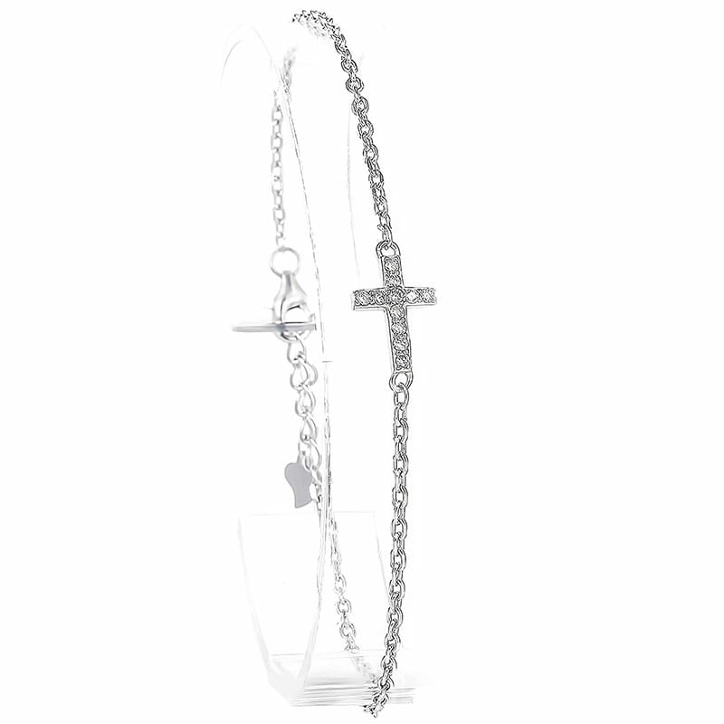 Rhodium Plated Sterlin Silver Cz Cross Bracelet